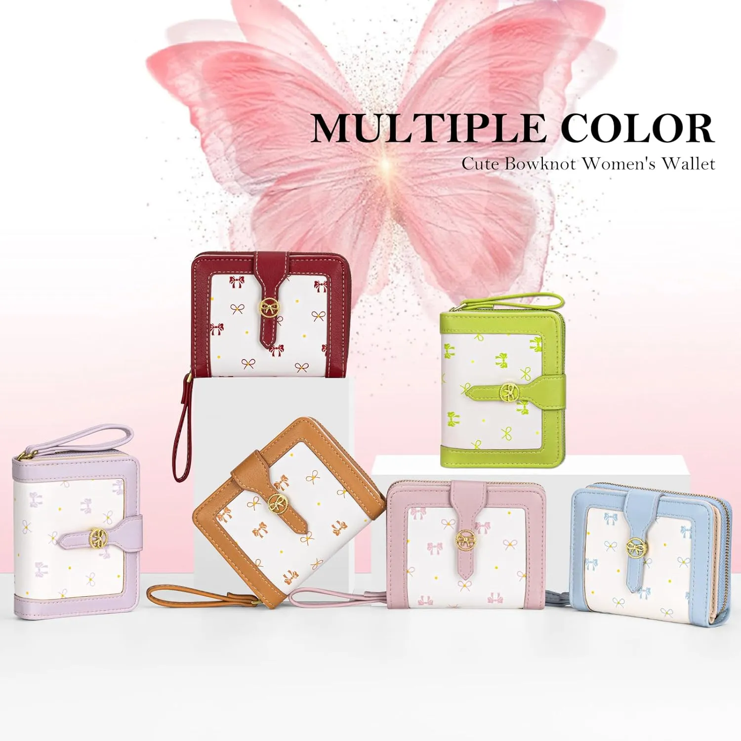 BIAOTIE Bow Women's Wallet Cute Bifold Zipper Around Wallet for Women RFID Credit Card Holder Purse for Ladies Aesthetic Leather Card Holder Purse