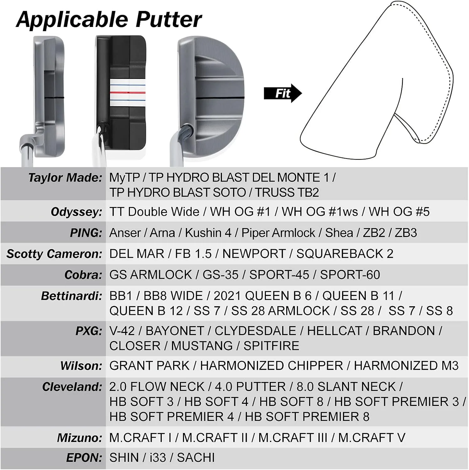Big Teeth Classic Golf Blade Putter Cover Headcover Mid Mallet Club Protector Magnetic Bar Closure Compatible with Scotty Cameron Taylormade Odyssey