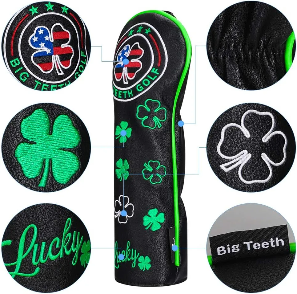 BIG TEETH Golf Head Covers Driver Hybrid Fairway Cover Golf Club Protector Lucky Clover and USA Pattern Black (Driver Cover)