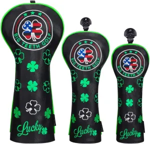 BIG TEETH Golf Head Covers Driver Hybrid Fairway Cover Golf Club Protector Lucky Clover and USA Pattern Black (Driver Cover)