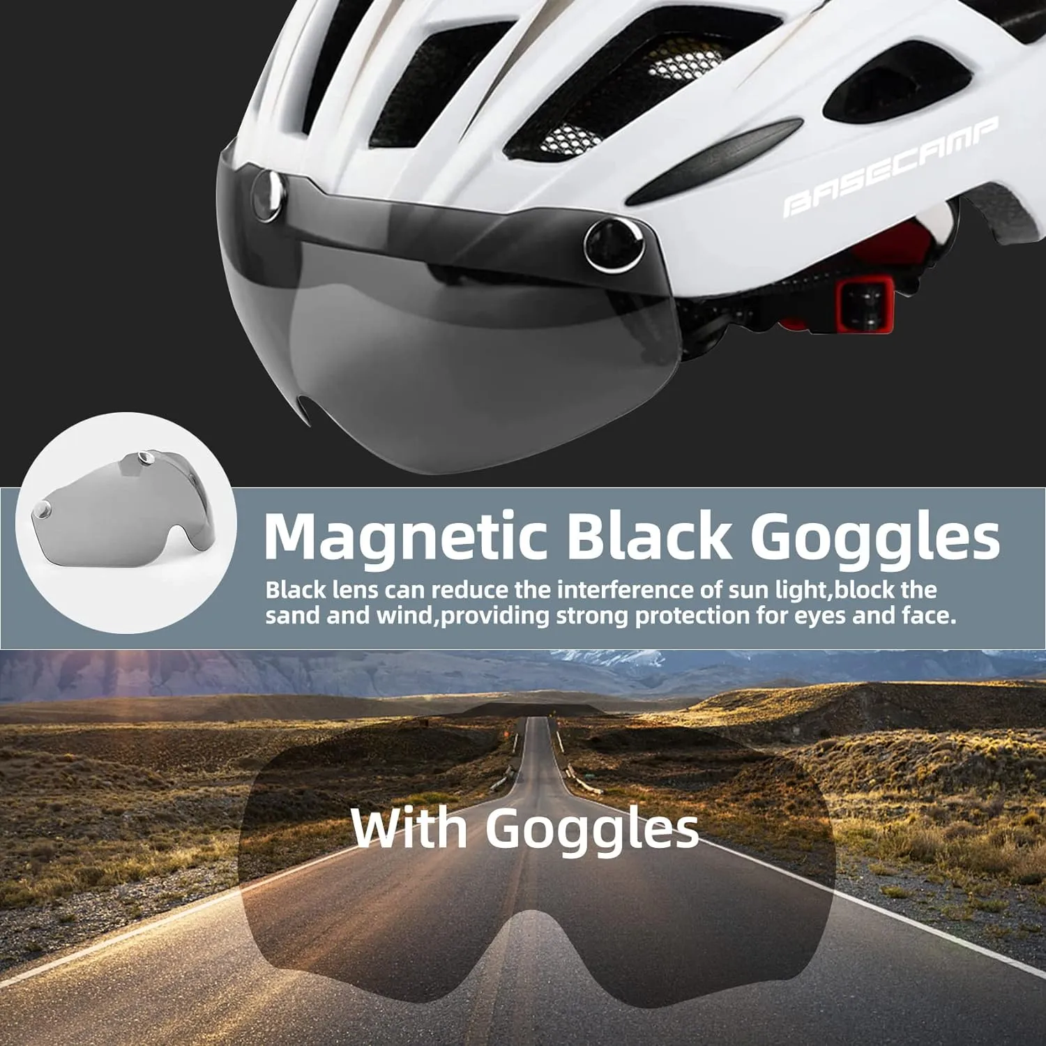 Bike Helmet, Basecamp Bicycle Helmet with Rear Light & Detachable Magnetic Goggles Lightweight Cycling Helmet Adjustable for Adult Men Women Mountain & Road (BC-069)