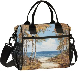 Birch Tree Seascape Golden Insulated Lunch Bag Reusable Lunch Box for Men Women Leakproof Cooler Tote Bag with Adjustable Shoulder Strap Lunch Cooler Bag for Picnic Office Camping Travel Work