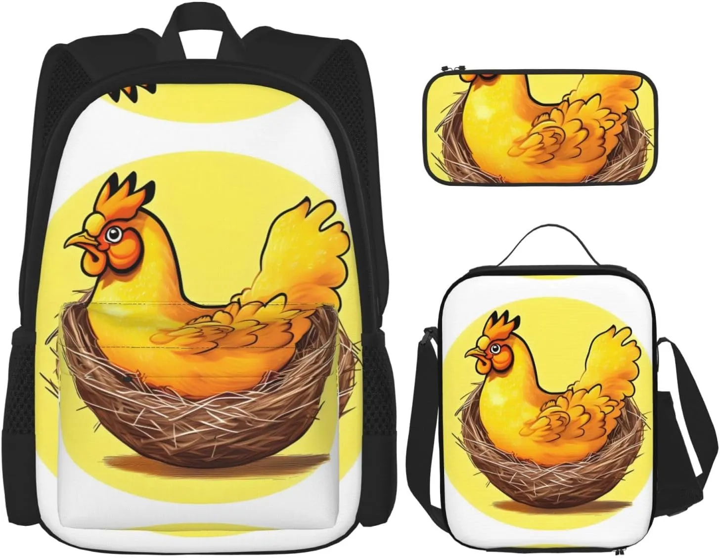 Bird's Nest Golden Chicken Backpack (3-piece set), large capacity backpack, student school bag, pencil case, lunch bag combination