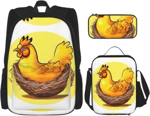 Bird's Nest Golden Chicken Backpack (3-piece set), large capacity backpack, student school bag, pencil case, lunch bag combination