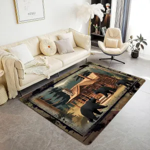 Black Bear Area Rug Vintage Rustic Log Cabin Jungle Pine Background Drip Ink Border Design Children's Crawling Non-Slip Floor Mat for Living Room Dining Room Bedroom Kids Room 6x9ft