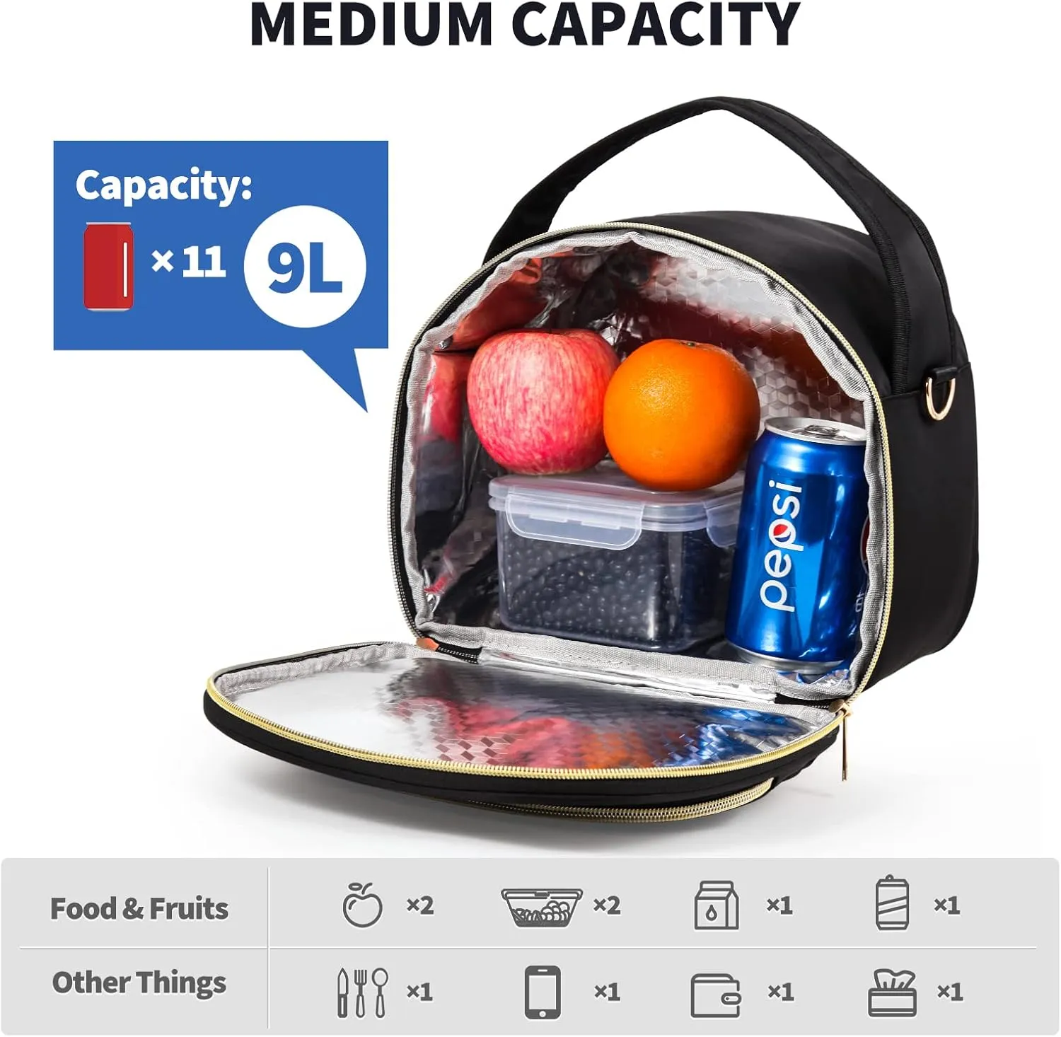 Black Cute Insulated Lunch Tote Bag for Women Work,Reusable Adult Lunch Box for Women, Stylish Wide Open Cooler Bag for Work(Black)