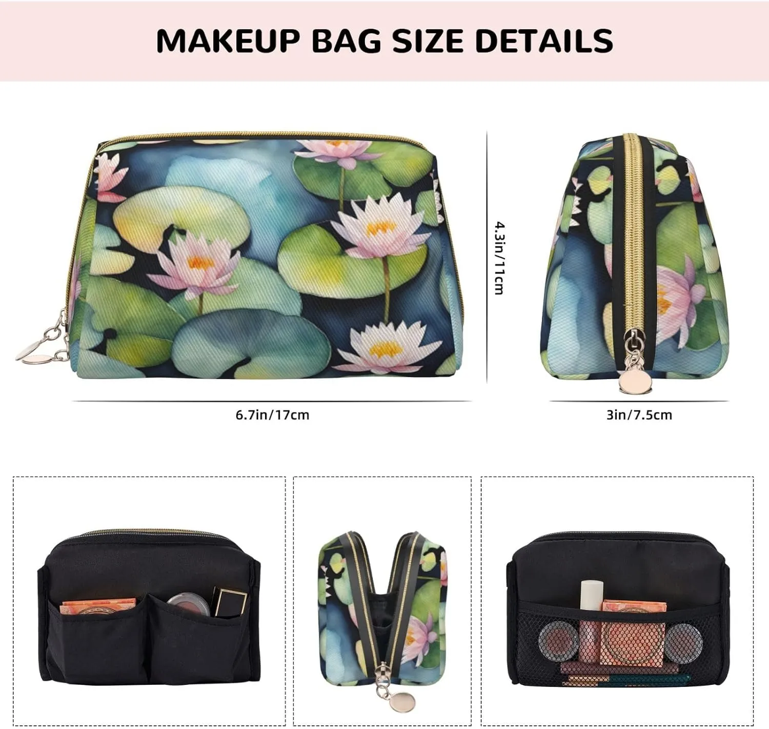 Black Lily Pads Leather Toiletry Organizer Bag, Travel-Friendly Makeup Pouch For Women