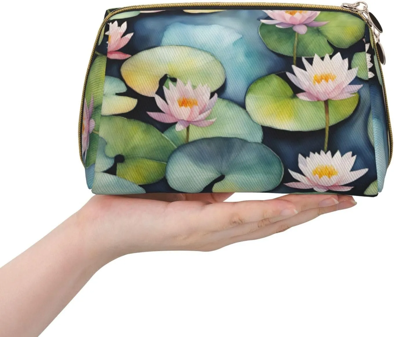 Black Lily Pads Leather Toiletry Organizer Bag, Travel-Friendly Makeup Pouch For Women