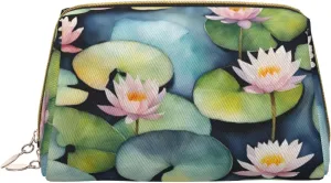 Black Lily Pads Leather Toiletry Organizer Bag, Travel-Friendly Makeup Pouch For Women
