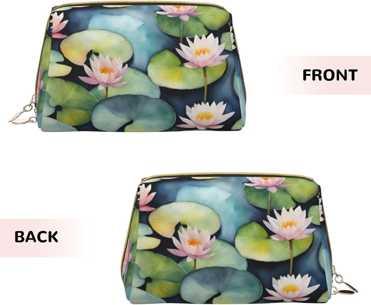 Black Lily Pads Leather Toiletry Organizer Bag, Travel-Friendly Makeup Pouch For Women