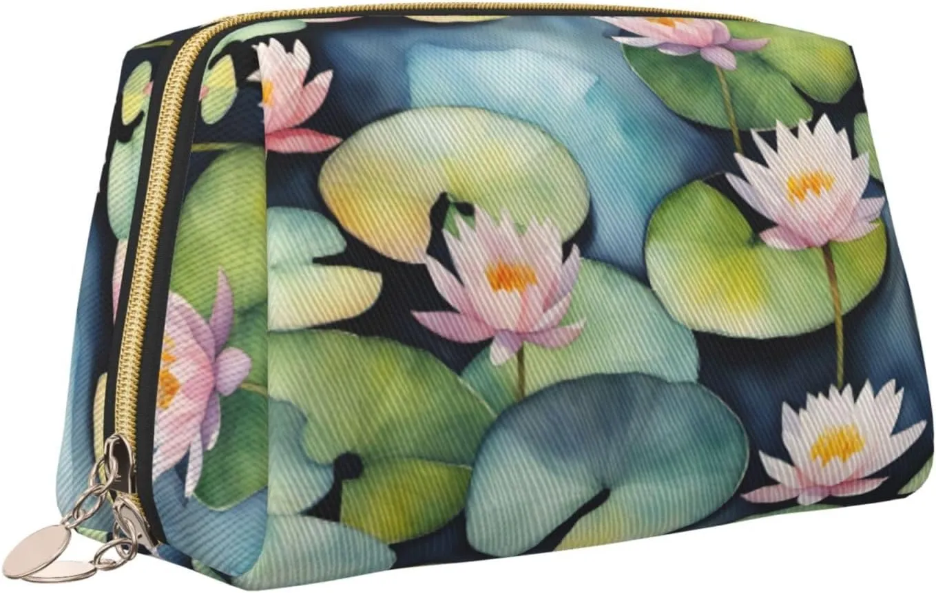 Black Lily Pads Leather Toiletry Organizer Bag, Travel-Friendly Makeup Pouch For Women