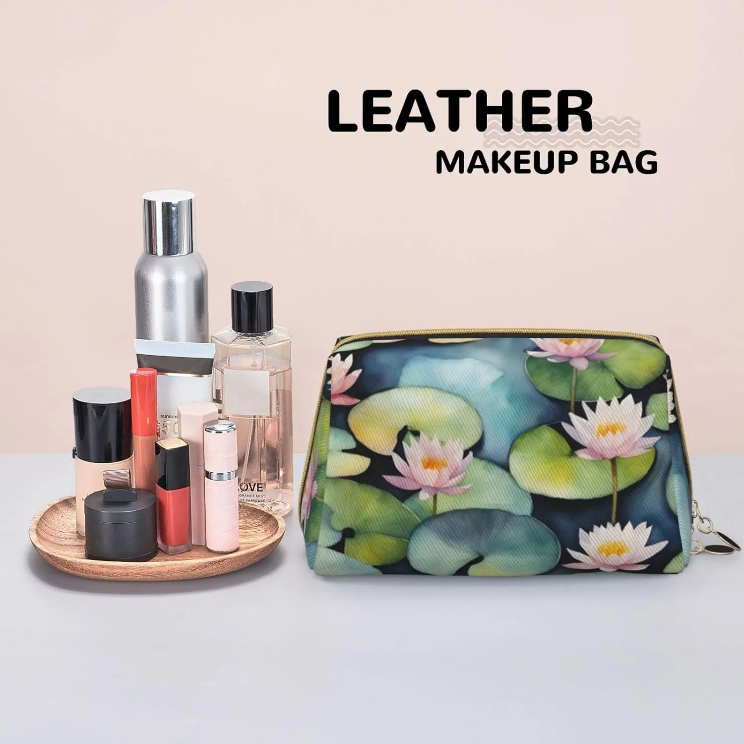 Black Lily Pads Leather Toiletry Organizer Bag, Travel-Friendly Makeup Pouch For Women
