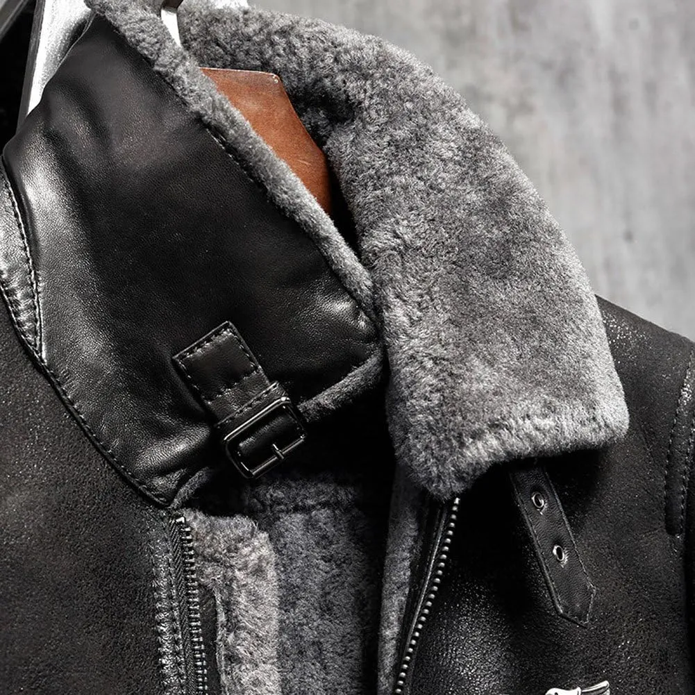 Black Mens Shearling Jacket Short Fur Leather Jacket Man Aviator Fur Coat