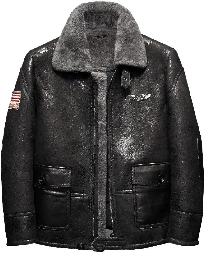 Black Mens Shearling Jacket Short Fur Leather Jacket Man Aviator Fur Coat
