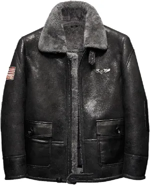 Black Mens Shearling Jacket Short Fur Leather Jacket Man Aviator Fur Coat