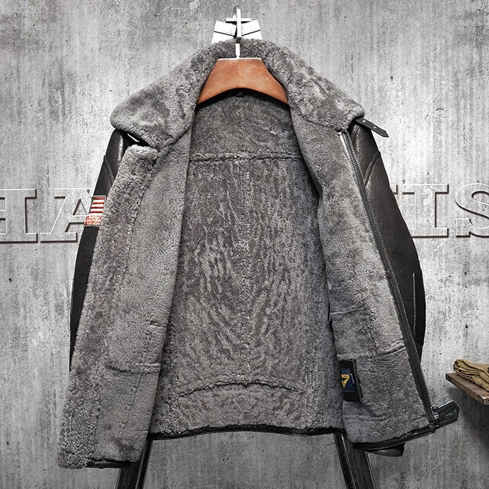 Black Mens Shearling Jacket Short Fur Leather Jacket Man Aviator Fur Coat