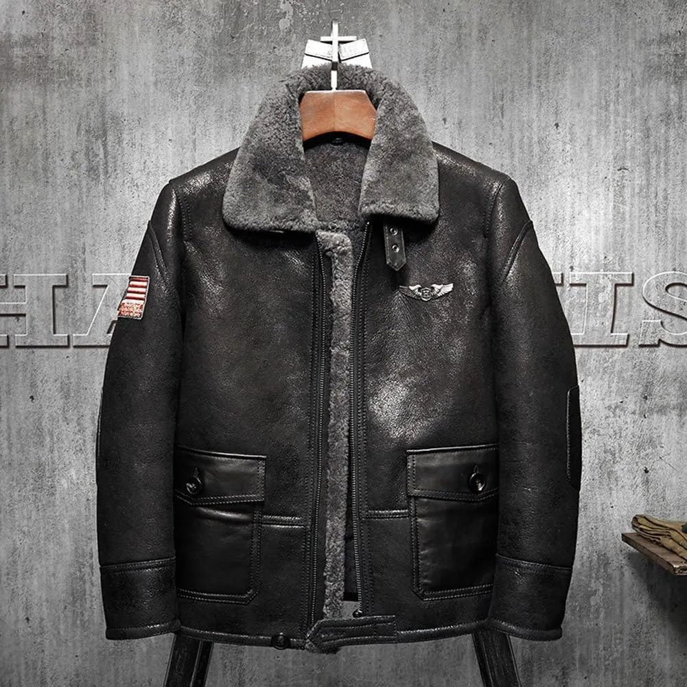 Black Mens Shearling Jacket Short Fur Leather Jacket Man Aviator Fur Coat