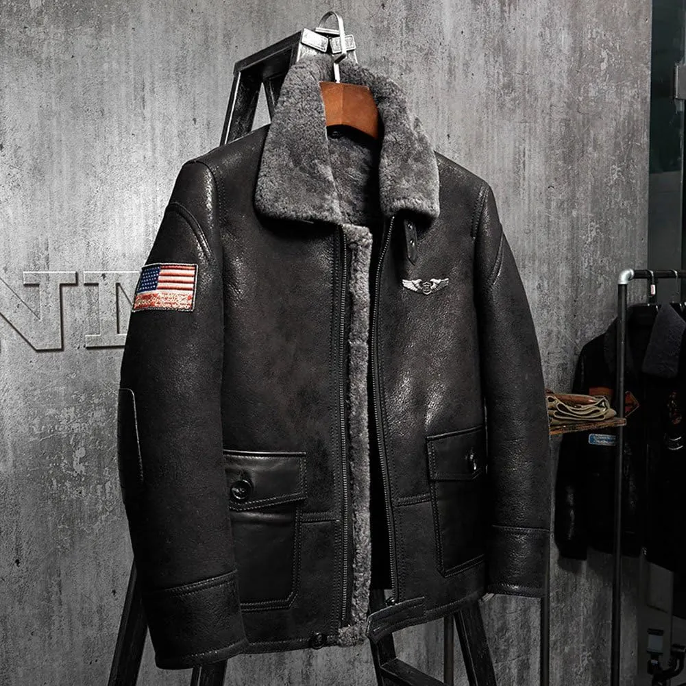 Black Mens Shearling Jacket Short Fur Leather Jacket Man Aviator Fur Coat