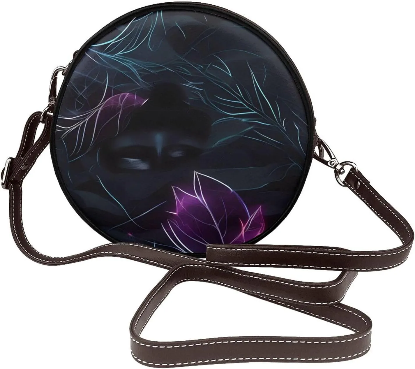 Black Mystery Removable Shoulder Strap Waterproof Leather Shoulder Round Bag Crossbody Bag Travel Shopping Dating Handbag Purse