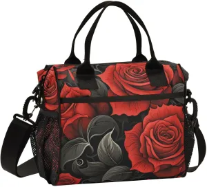 Black Red Roses Cooler Bag Lunch Box Lunch Bag Reusable Tote Shoulder Bag Insulated Lunch Bag for Outdoor Picnic Camping