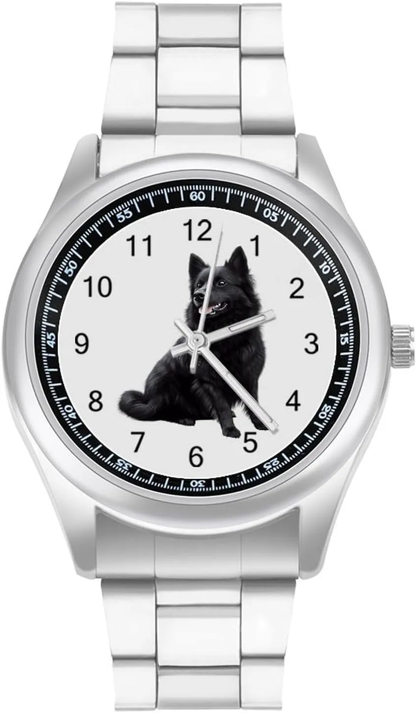 Black Schipperke Dog Stainless Steel Strap Simple Business Watches for Men Easy Reader Work Casual Watch