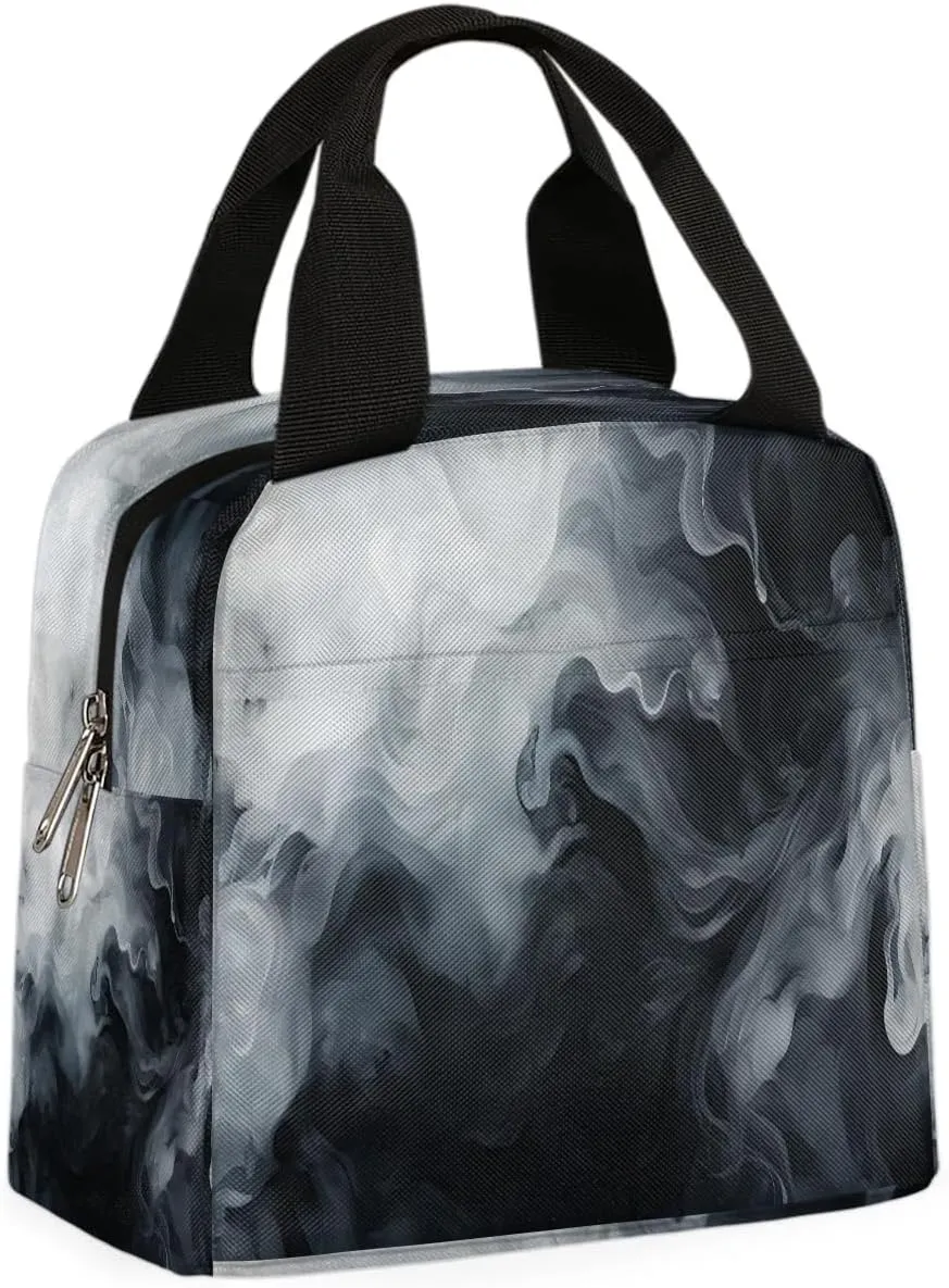 Black White Cloud Fog Lunch Bag for Women Men, Reusable Insulated Lunch Box Adult Leakproof Cooler Food Lunch Container Womens Lunch Tote Bags for Picnic Travel Work