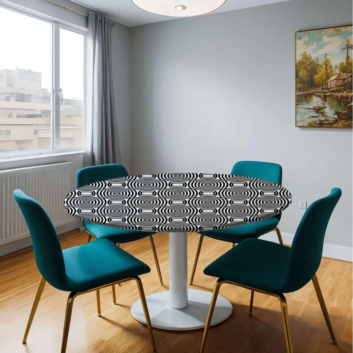 Black White Fitted Tablecloth Round Concentric Different Size Circles Print Round Fitted Table Cover The Ultimate Protection for Your Table Navy Blue Fit for 40"-43" Table