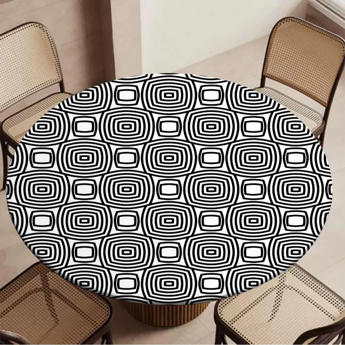 Black White Fitted Tablecloth Round Concentric Different Size Circles Print Round Fitted Table Cover The Ultimate Protection for Your Table Navy Blue Fit for 40"-43" Table