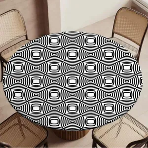 Black White Fitted Tablecloth Round Concentric Different Size Circles Print Round Fitted Table Cover The Ultimate Protection for Your Table Navy Blue Fit for 40"-43" Table