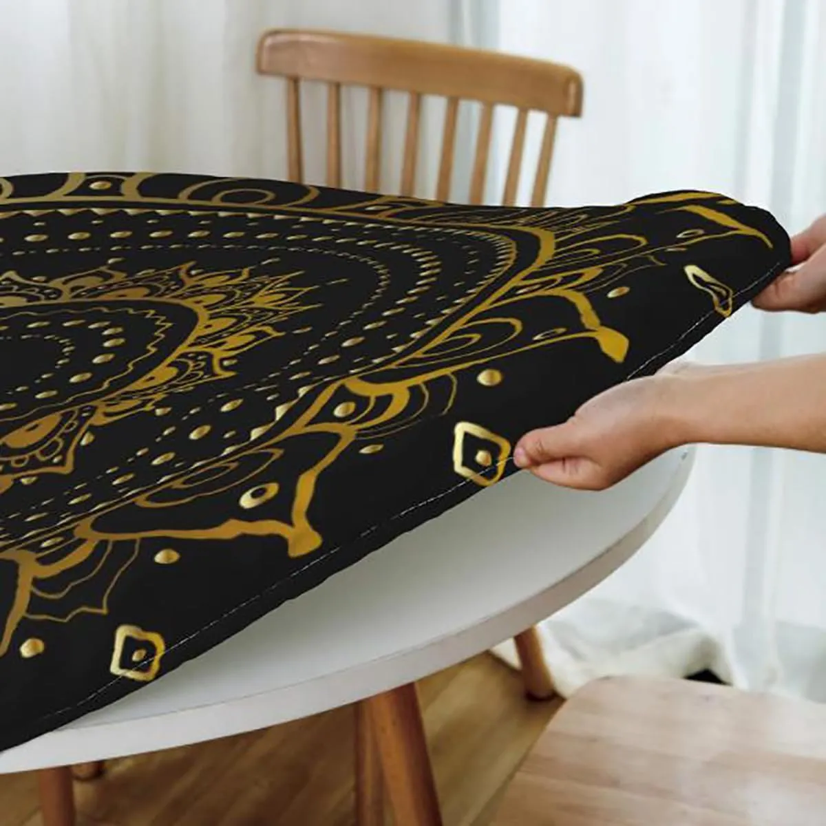 Black White Fitted Tablecloth Round Concentric Different Size Circles Print Round Fitted Table Cover The Ultimate Protection for Your Table Navy Blue Fit for 40"-43" Table