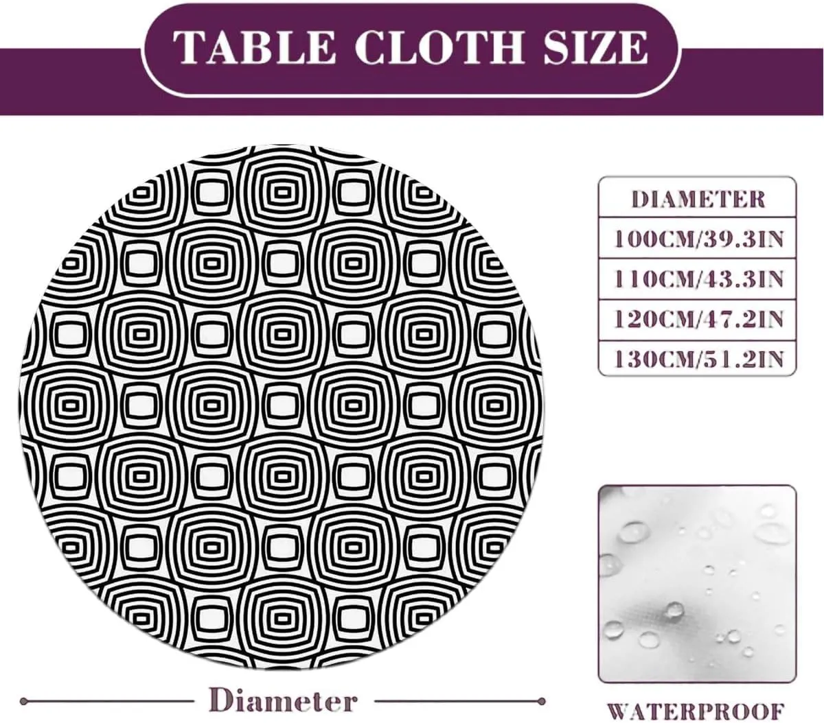 Black White Fitted Tablecloth Round Concentric Different Size Circles Print Round Fitted Table Cover The Ultimate Protection for Your Table Navy Blue Fit for 40"-43" Table