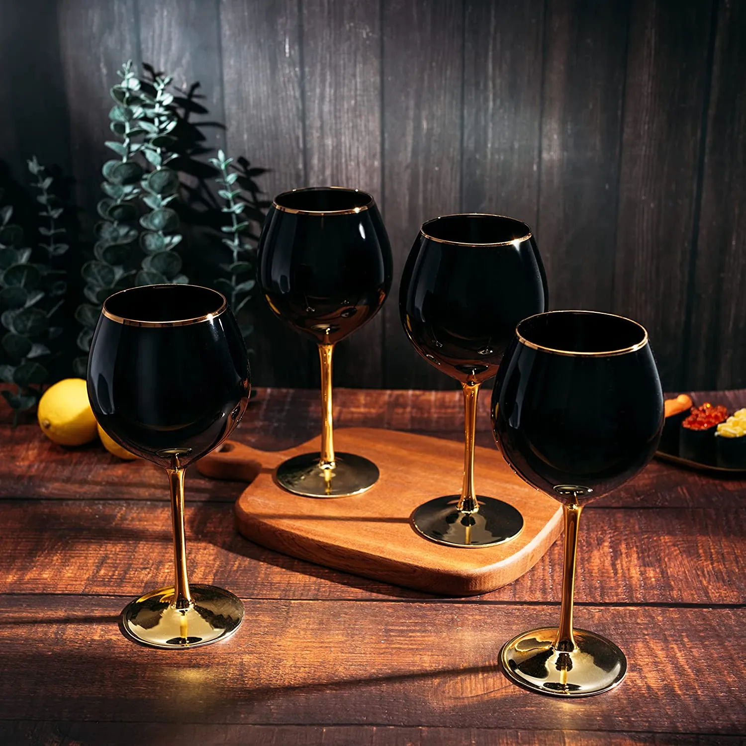 Black Wine Glasses Gold Stemmed & Gold Rim 14 oz Set of 4