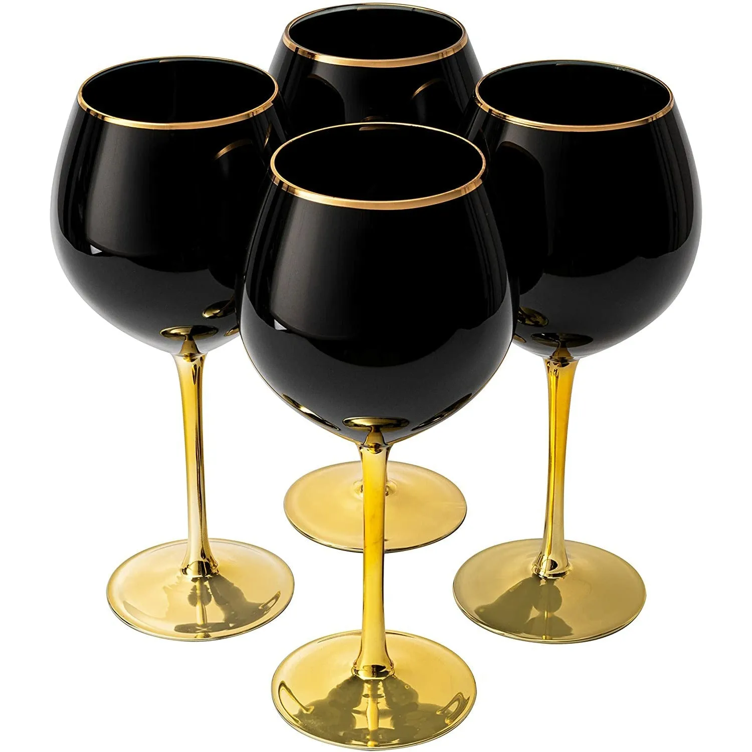 Black Wine Glasses Gold Stemmed & Gold Rim 14 oz Set of 4
