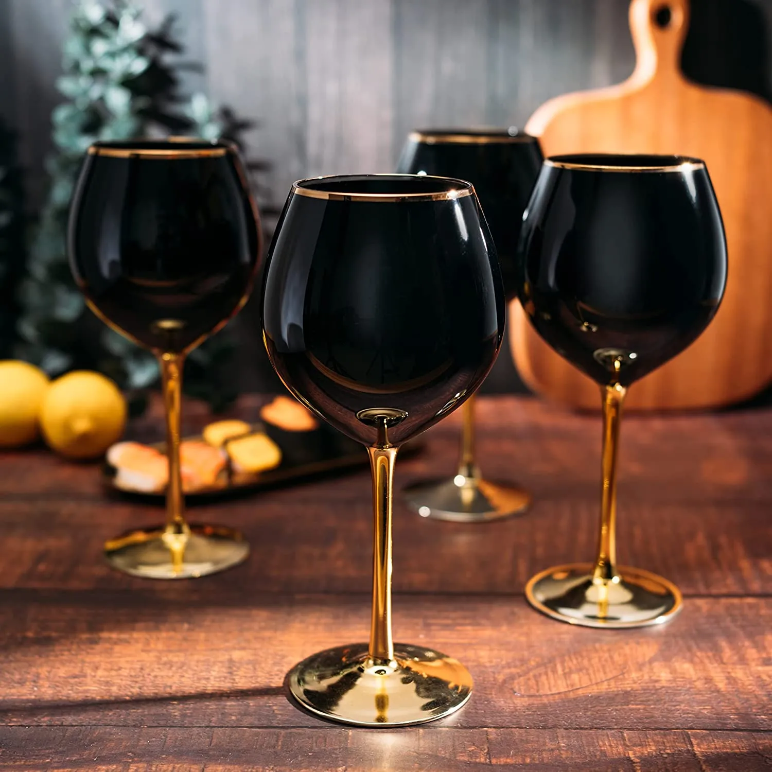 Black Wine Glasses Gold Stemmed & Gold Rim 14 oz Set of 4