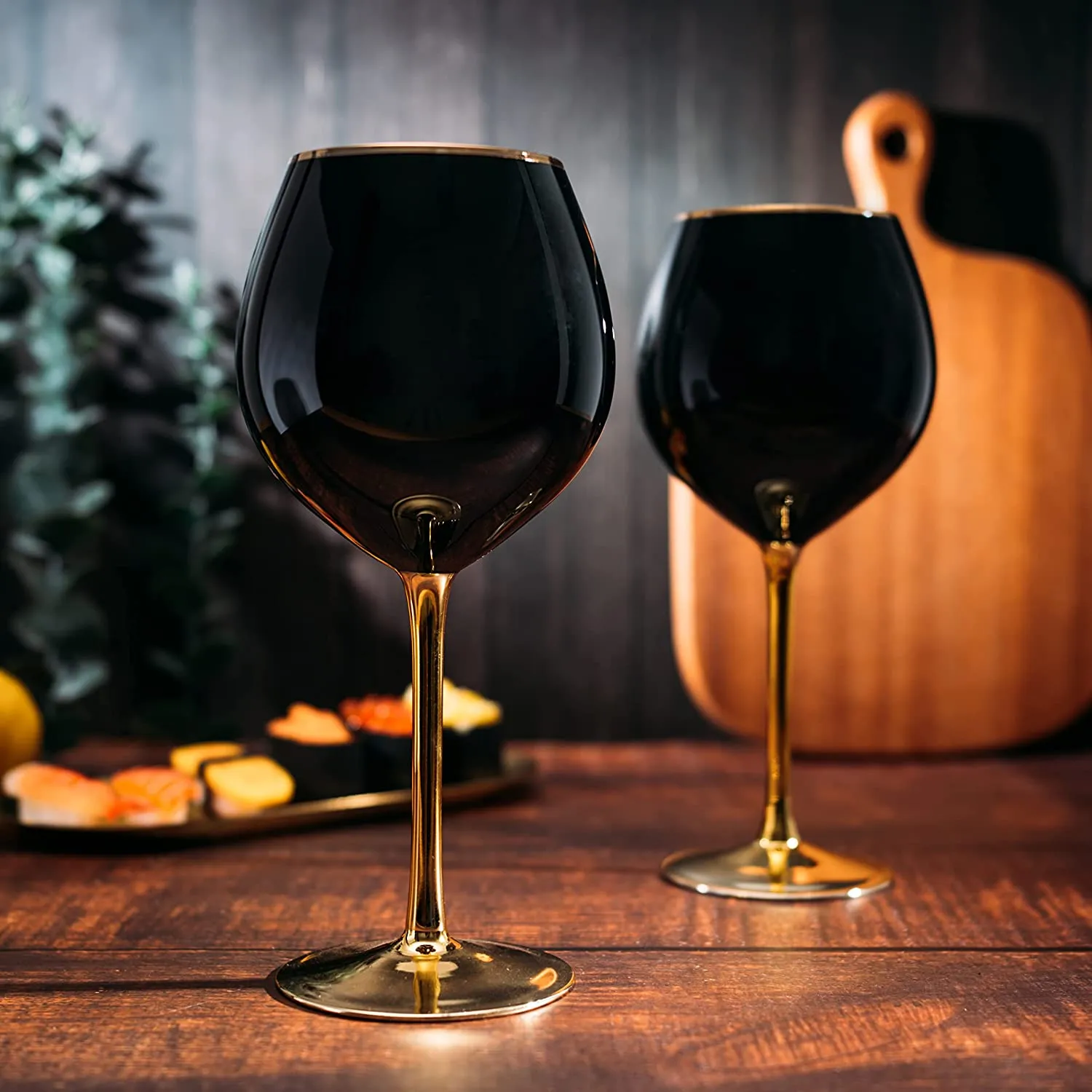 Black Wine Glasses Gold Stemmed & Gold Rim 14 oz Set of 4