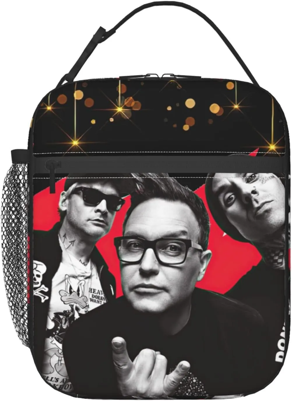Blink Classic Rock 182 Insulated Lunch Bags Reusable Lunch Tote Bag Lunch Container Meal Holder with Side Pocket Lunch Zipper Cooler Bag for Camping Beautiful Handbag, Black