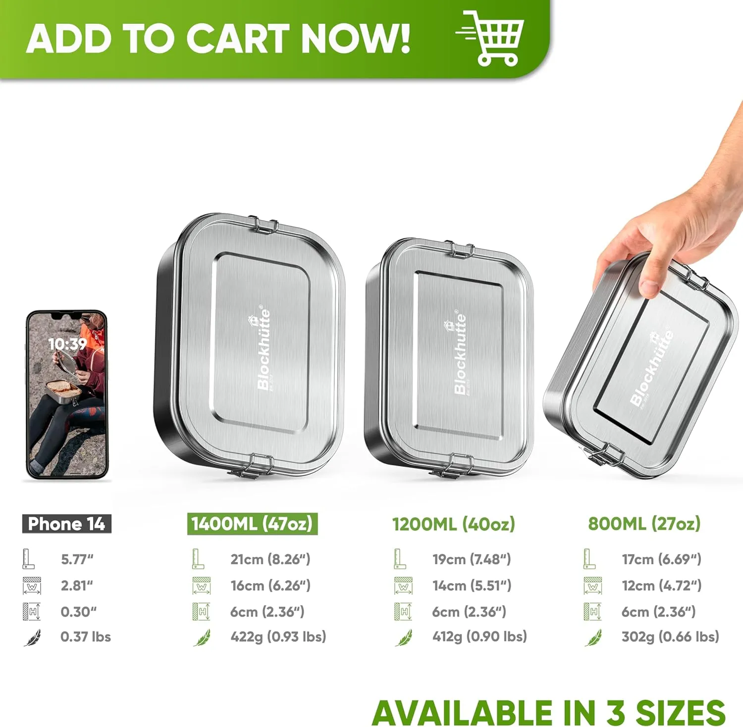 Blockhütte Personalized Lunch Box for Men I 47oz I Stainless Steel Bento Box Custom Name I Metal Lunchbox for Kids I Non-Toxic, Eco-Friendly, Leakproof Lunch Container Adults I Personalized Gifts