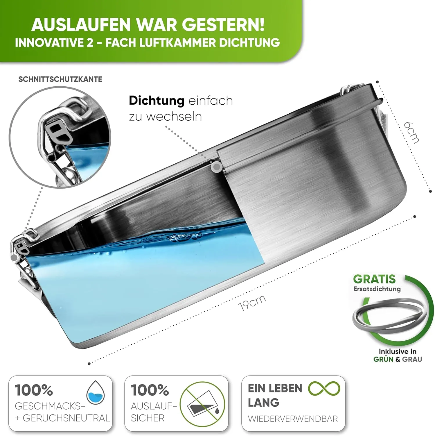 Blockhütte Stainless Steel Lunch Box for Adults I 40oz I with free Sealing I Metal Bento Box with 3 Compartments, Leak-Proof Lunch Container, Metal Food Storage for Travel, Work, Eco-Friendly