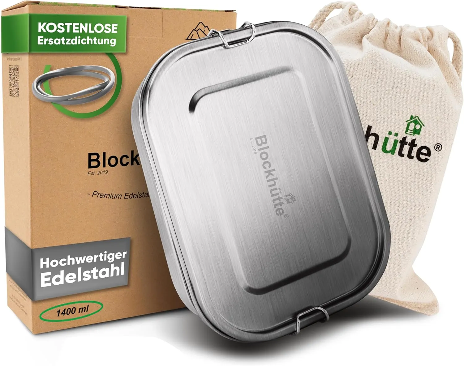 Blockhütte Stainless Steel Lunch Box for Adults I 47oz I Bento Box 3 Compartments with free Sealing, Leak-Proof Container, Metal Lunchbox for Travel, Work, Eco-Friendly Meal Storage Solution