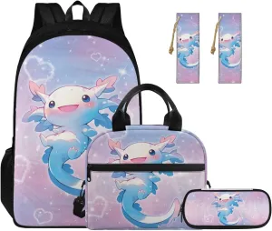 Blue Axolotl Backpack for Girls Kids Bookbag with Lunch Box PU Leather Bookmark, and Pencil Case for Boys 4 PCS School Bag With Compartment for 7th Grade Kids