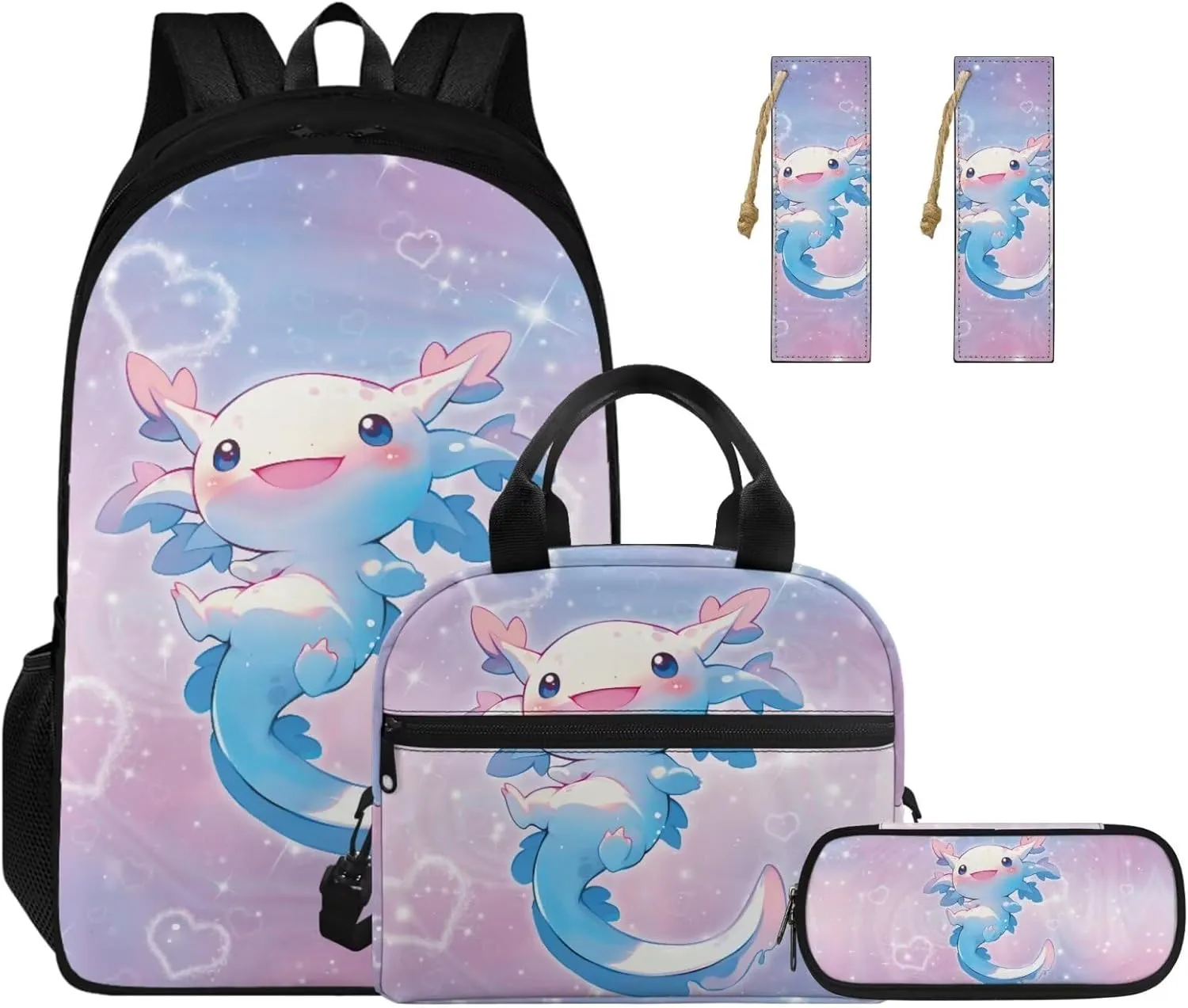 Blue Axolotl Backpack for Girls Kids Bookbag with Lunch Box PU Leather Bookmark, and Pencil Case for Boys 4 PCS School Bag With Compartment for 7th Grade Kids