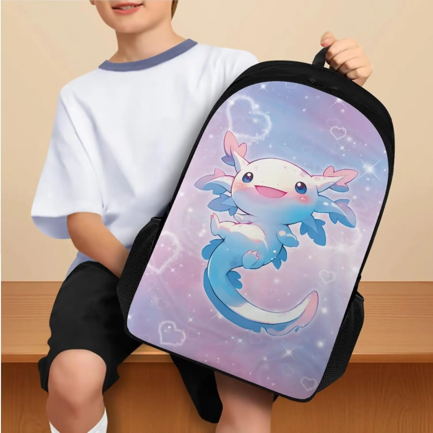 Blue Axolotl Backpack for Girls Kids Bookbag with Lunch Box PU Leather Bookmark, and Pencil Case for Boys 4 PCS School Bag With Compartment for 7th Grade Kids
