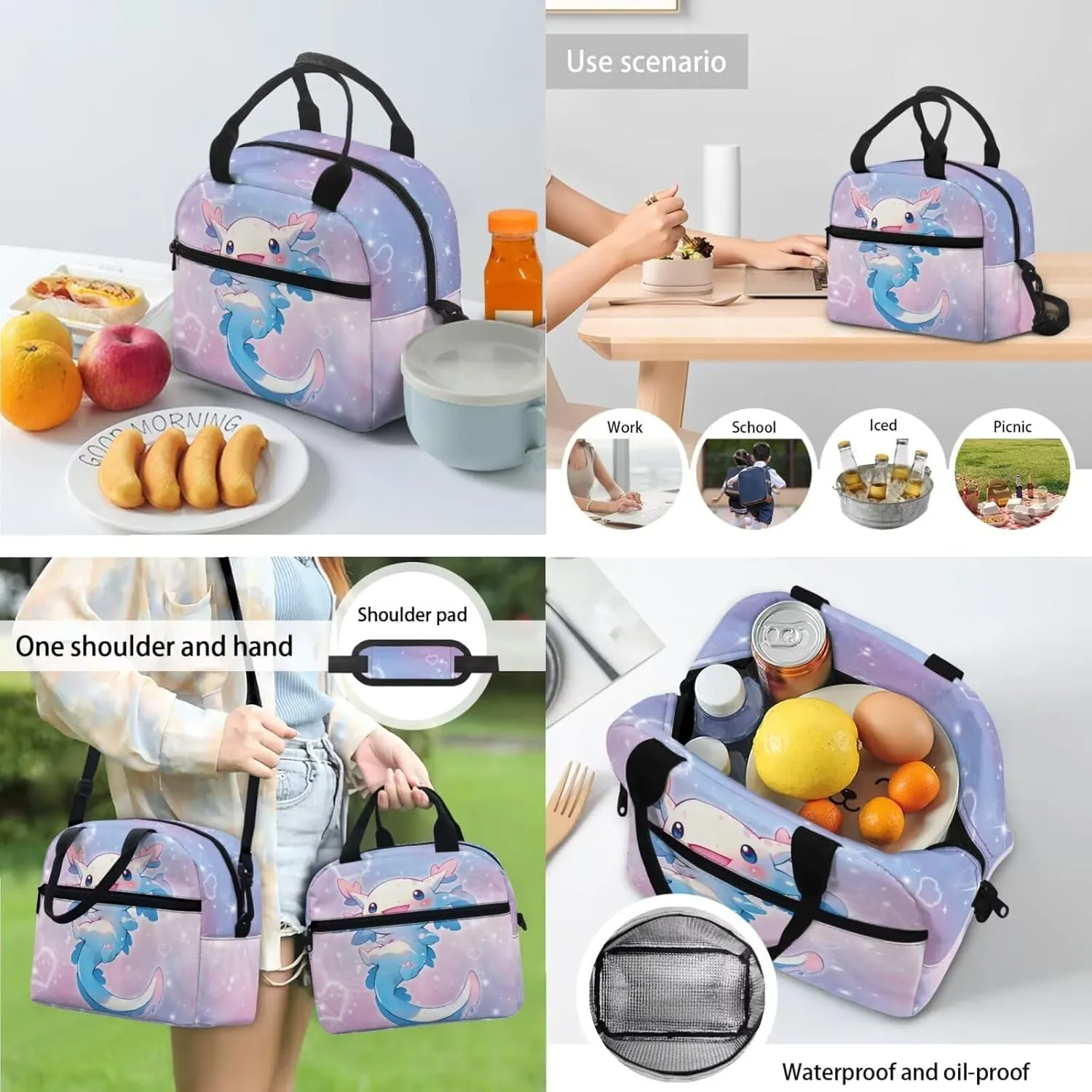 Blue Axolotl Backpack for Girls Kids Bookbag with Lunch Box PU Leather Bookmark, and Pencil Case for Boys 4 PCS School Bag With Compartment for 7th Grade Kids