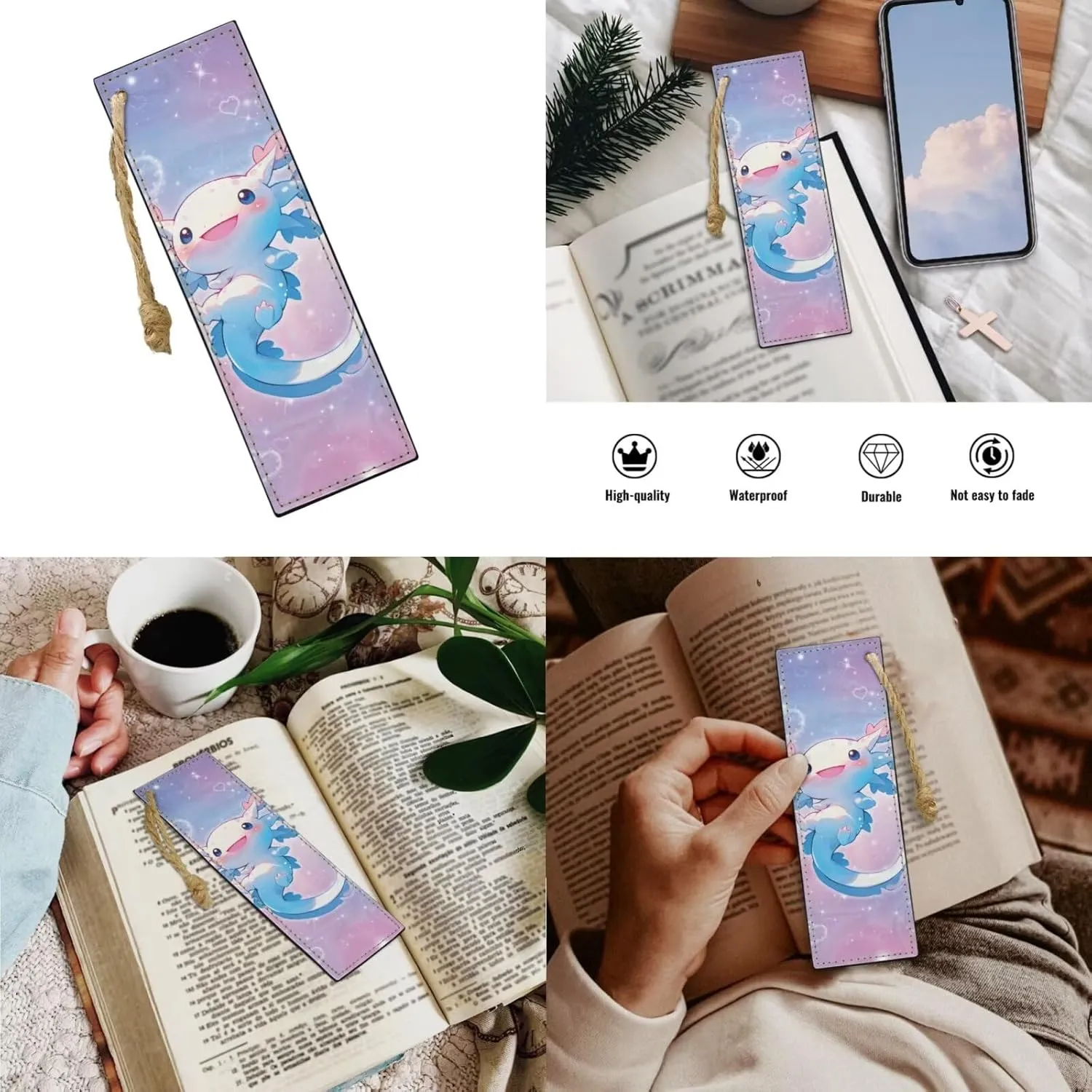 Blue Axolotl Backpack for Girls Kids Bookbag with Lunch Box PU Leather Bookmark, and Pencil Case for Boys 4 PCS School Bag With Compartment for 7th Grade Kids