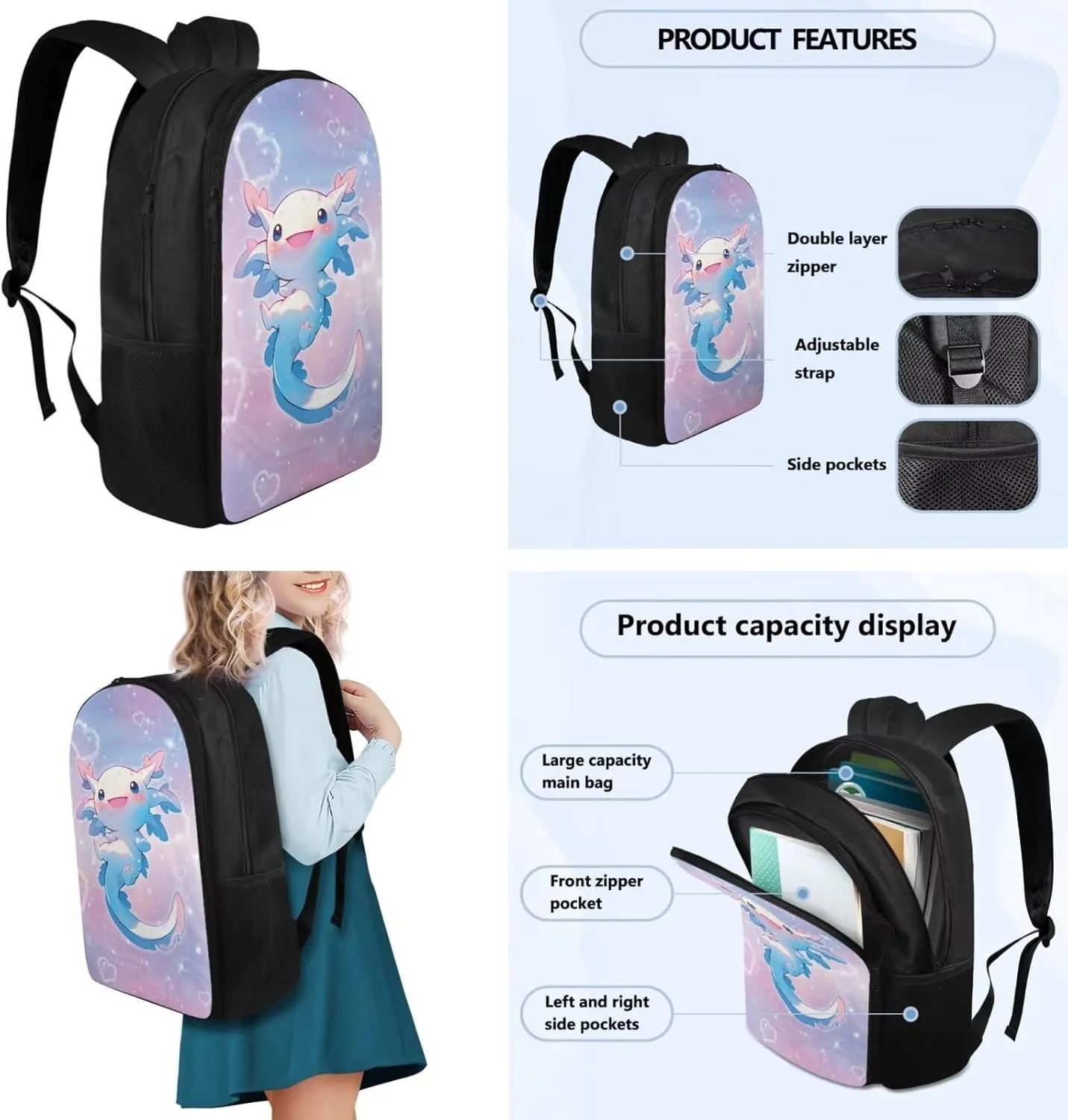 Blue Axolotl Backpack for Girls Kids Bookbag with Lunch Box PU Leather Bookmark, and Pencil Case for Boys 4 PCS School Bag With Compartment for 7th Grade Kids