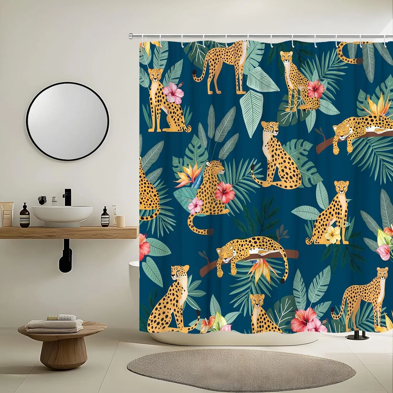 Blue Leopard Shower Curtain Tropical Jungle Leaves Botanical Cheetah Animal Wildlife Safari Big Cat Boho Aesthetic Minimalist Men Shower Curtains Set Bathroom Polyester Fabric Hooks (70"W x 70"L)