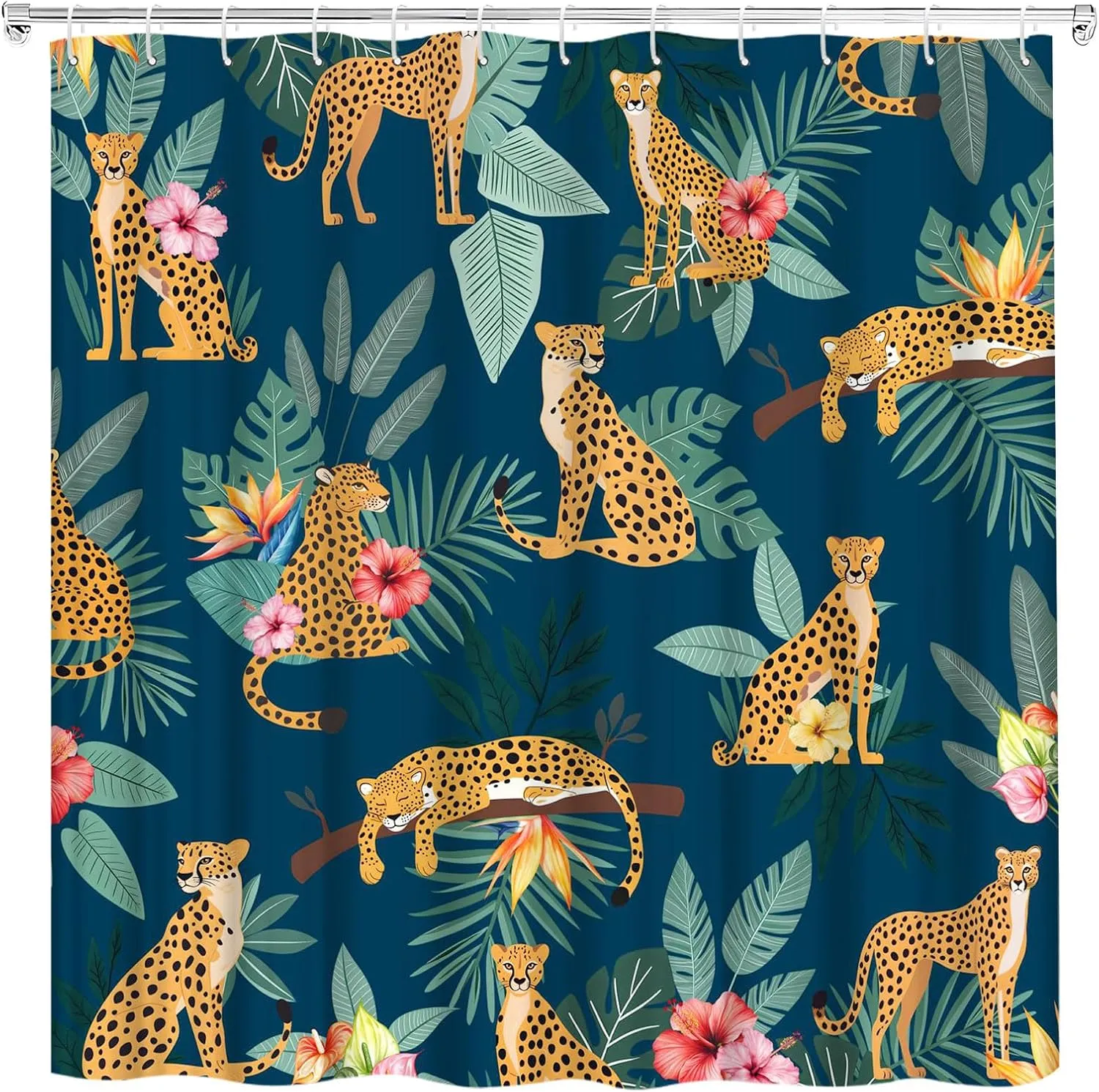 Blue Leopard Shower Curtain Tropical Jungle Leaves Botanical Cheetah Animal Wildlife Safari Big Cat Boho Aesthetic Minimalist Men Shower Curtains Set Bathroom Polyester Fabric Hooks (70"W x 70"L)