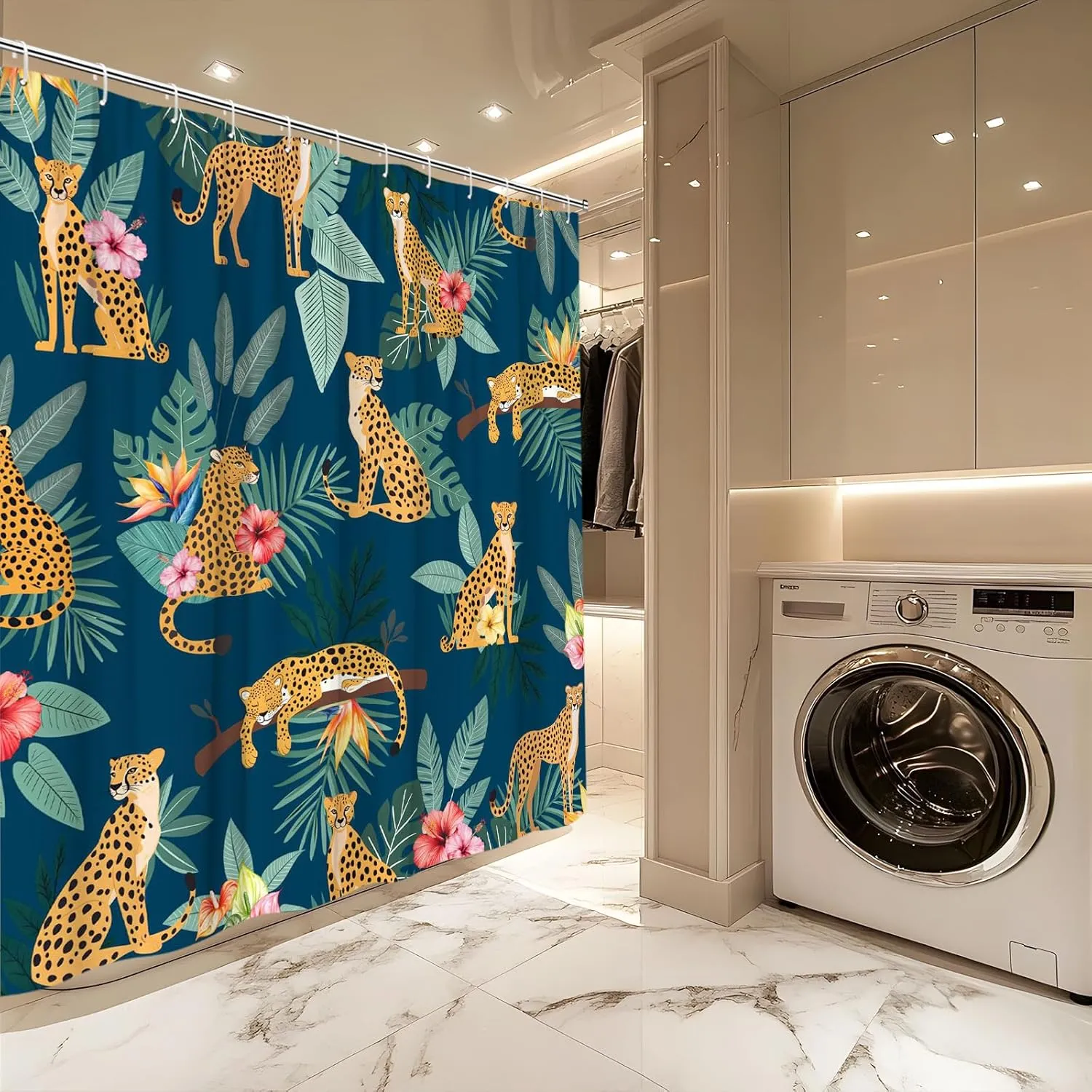 Blue Leopard Shower Curtain Tropical Jungle Leaves Botanical Cheetah Animal Wildlife Safari Big Cat Boho Aesthetic Minimalist Men Shower Curtains Set Bathroom Polyester Fabric Hooks (70"W x 70"L)