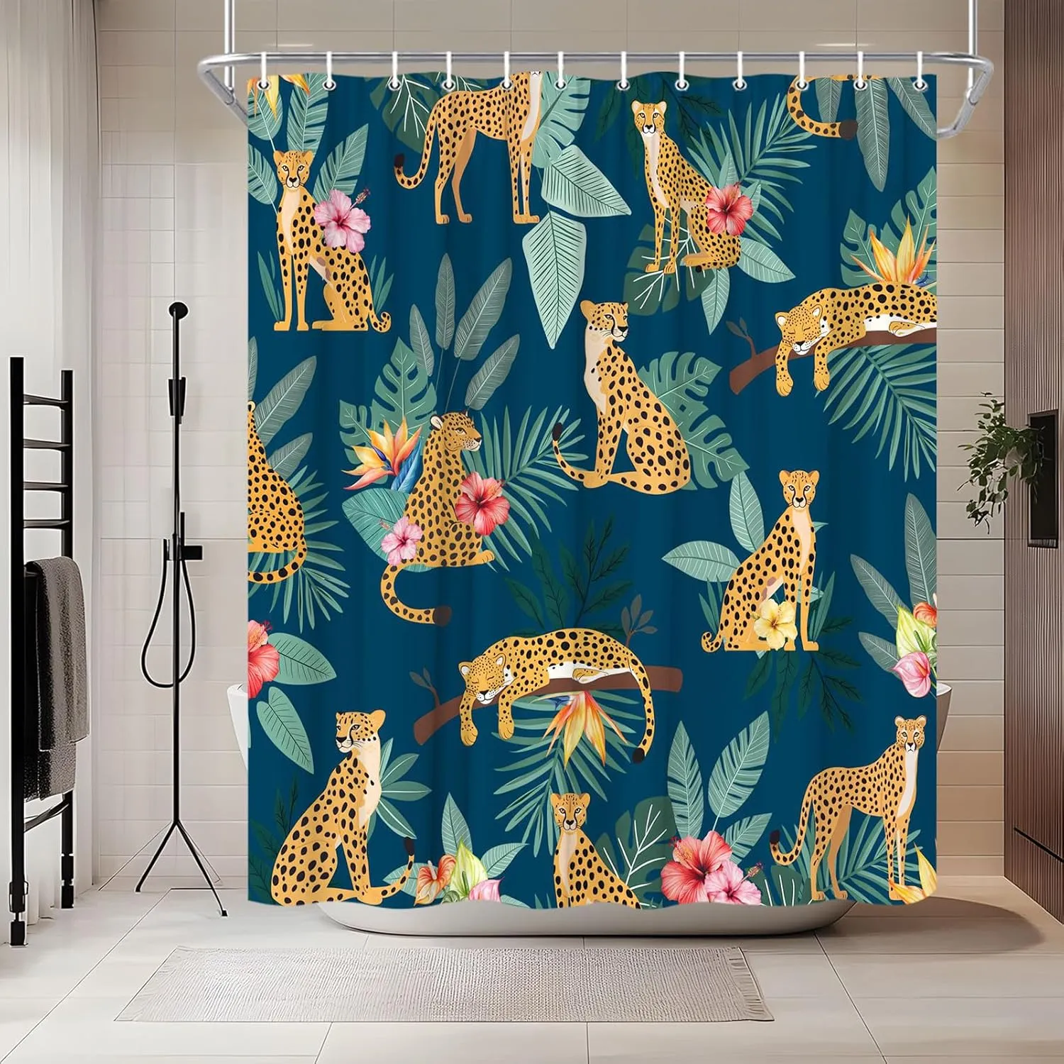 Blue Leopard Shower Curtain Tropical Jungle Leaves Botanical Cheetah Animal Wildlife Safari Big Cat Boho Aesthetic Minimalist Men Shower Curtains Set Bathroom Polyester Fabric Hooks (70"W x 70"L)