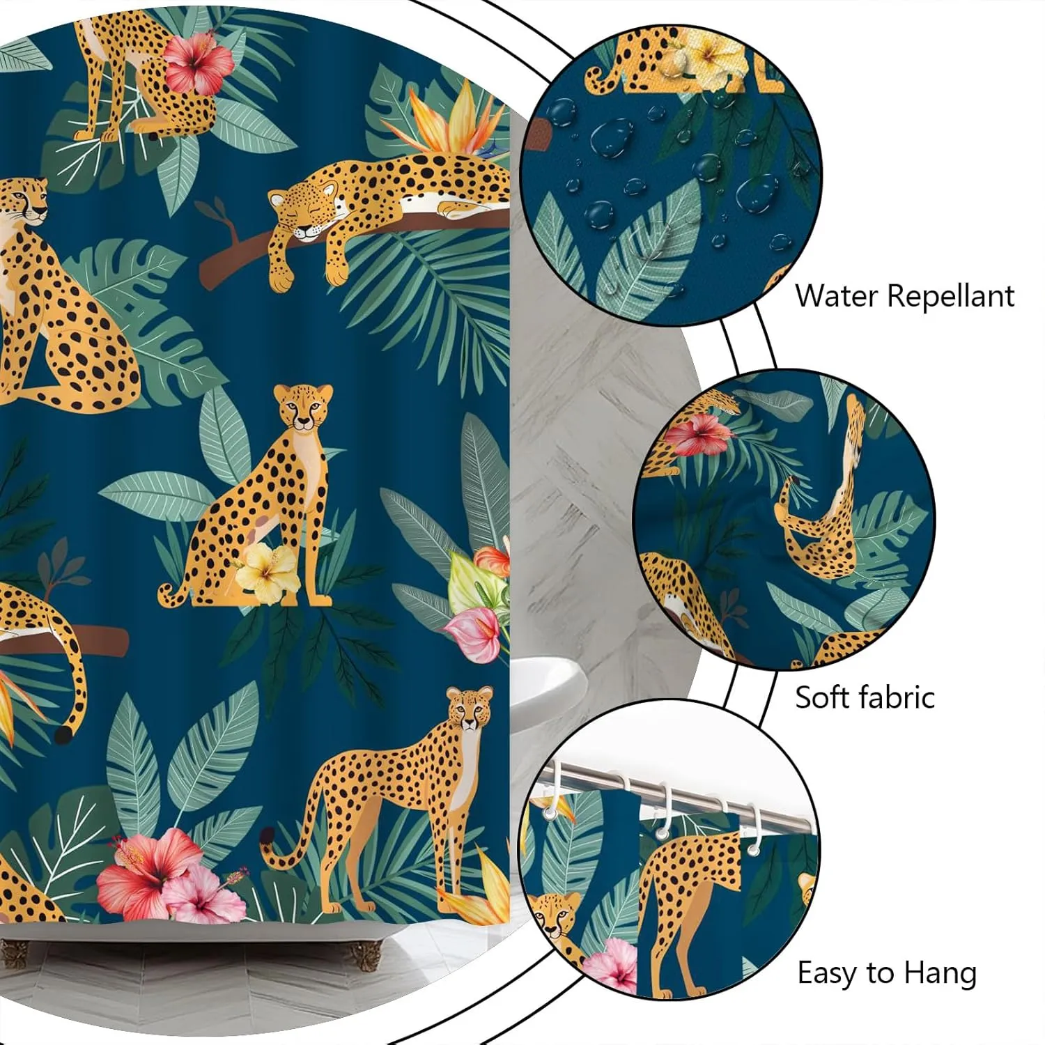 Blue Leopard Shower Curtain Tropical Jungle Leaves Botanical Cheetah Animal Wildlife Safari Big Cat Boho Aesthetic Minimalist Men Shower Curtains Set Bathroom Polyester Fabric Hooks (70"W x 70"L)